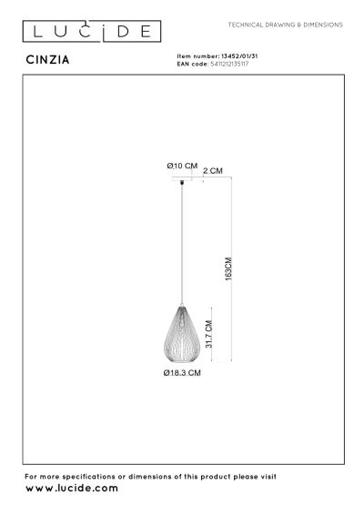 Lucide CINZIA - Pendant light - Ø 18,3 cm - 1xE27 - White